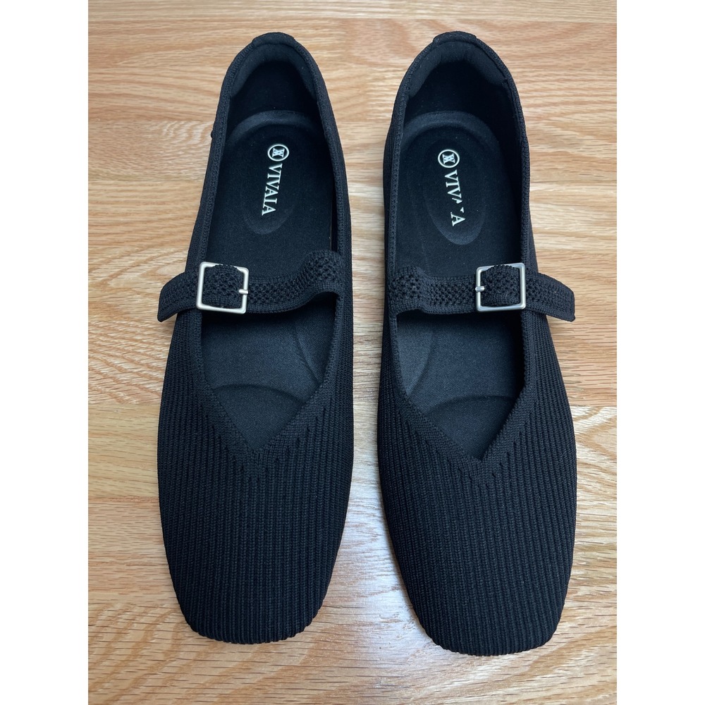 Vivaia Margot Square Toe Mary Jane Black Knit Flats Buckle Strap 39.5 - 8.5